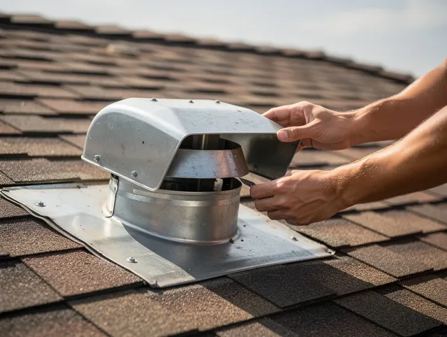 Tallmadge Dryer Vent Cleaning certified technician safely cleaning a roof-mounted dryer vent in Tallmadge