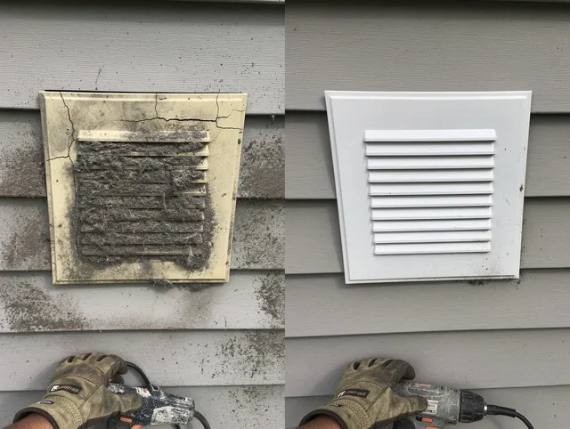 Tallmadge Dryer Vent Cleaning technician installing high-quality dryer vent cover at a residential property in Tallmadge