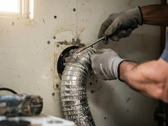 Tallmadge Dryer Vent Cleaning technician performing precise dryer vent hose installation in Tallmadge